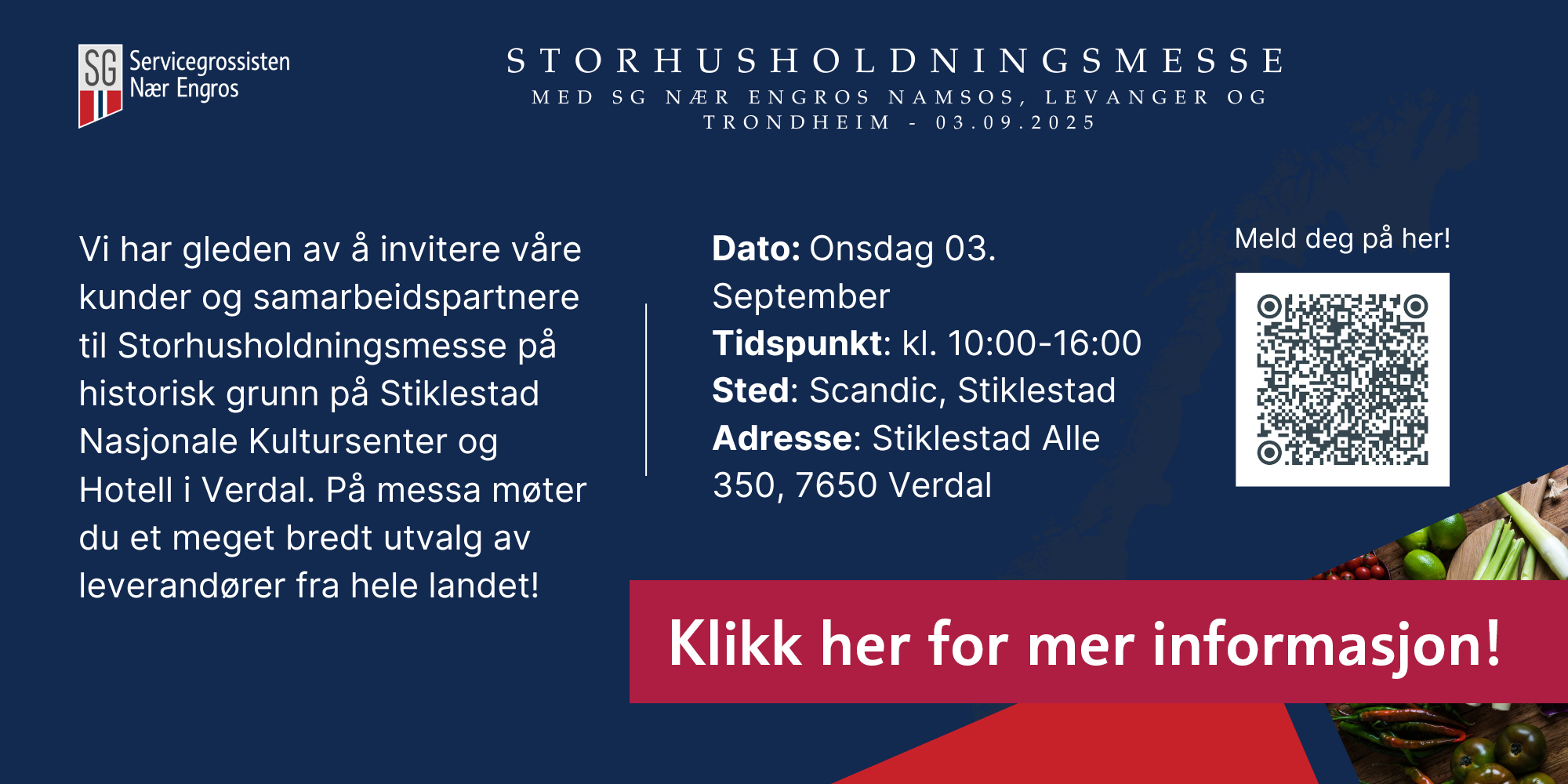 Blått banner med informasjon om messe